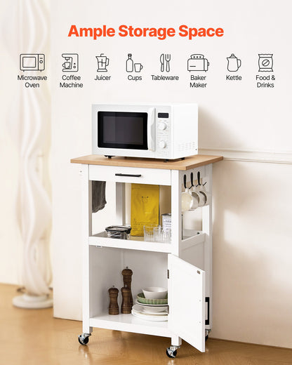 Kitchen Island Cart with Single Door Cabinet, Mobile Carts with Drawer, Towel Rack, Hooks, Portable Table on Swivel Wheels, Small Coffee Islands Microwave Stand for Dining Room, 45x59cm, White