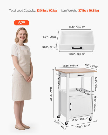 Kitchen Island Cart with Single Door Cabinet, Mobile Carts with Drawer, Towel Rack, Hooks, Portable Table on Swivel Wheels, Small Coffee Islands Microwave Stand for Dining Room, 45x59cm, White