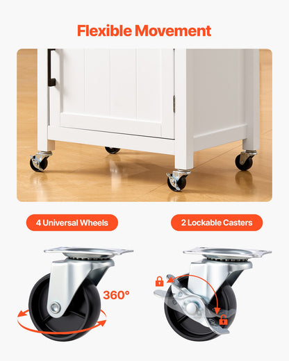 Kitchen Island Cart with Single Door Cabinet, Mobile Carts with Drawer, Towel Rack, Hooks, Portable Table on Swivel Wheels, Small Coffee Islands Microwave Stand for Dining Room, 45x59cm, White