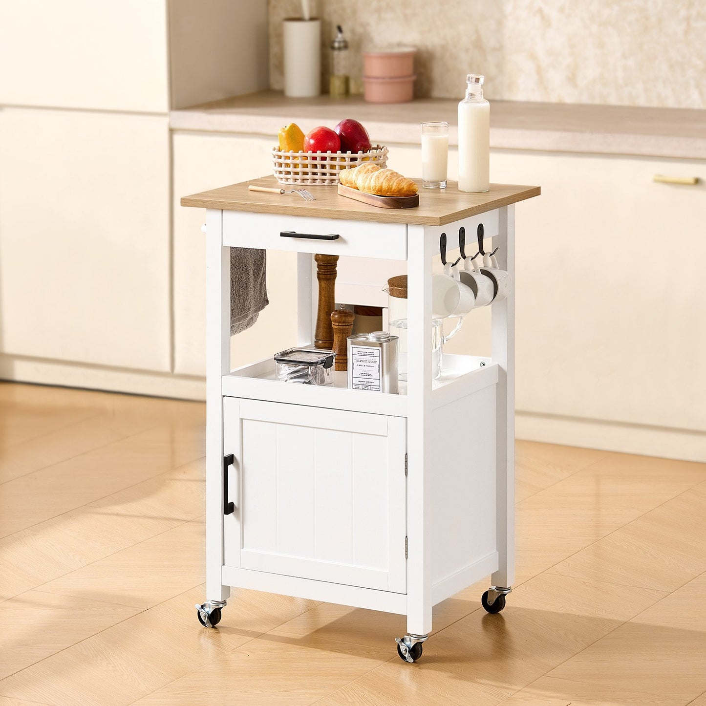 Kitchen Island Cart with Single Door Cabinet, Mobile Carts with Drawer, Towel Rack, Hooks, Portable Table on Swivel Wheels, Small Coffee Islands Microwave Stand for Dining Room, 45x59cm, White