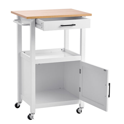 Kitchen Island Cart with Single Door Cabinet, Mobile Carts with Drawer, Towel Rack, Hooks, Portable Table on Swivel Wheels, Small Coffee Islands Microwave Stand for Dining Room, 45x59cm, White