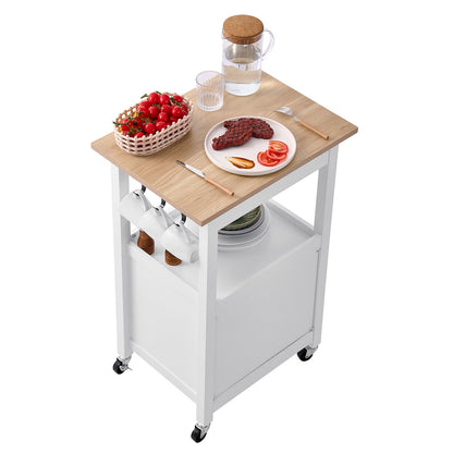 Kitchen Island Cart with Single Door Cabinet, Mobile Carts with Drawer, Towel Rack, Hooks, Portable Table on Swivel Wheels, Small Coffee Islands Microwave Stand for Dining Room, 45x59cm, White