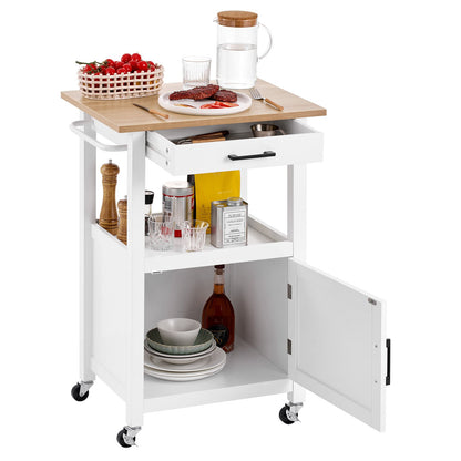 Kitchen Island Cart with Single Door Cabinet, Mobile Carts with Drawer, Towel Rack, Hooks, Portable Table on Swivel Wheels, Small Coffee Islands Microwave Stand for Dining Room, 45x59cm, White