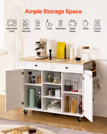 Kitchen Island Cart, with Solid Wood Top and Storage Cabinet, Mobile Rolling Table with Drop Leaf, Drawers, Spice Towel Rack, Portable Islands on Swivel Wheels for Dining Room, 132cm Width, White