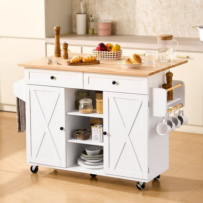 Kitchen Island Cart, with Solid Wood Top and Storage Cabinet, Mobile Rolling Table with Drop Leaf, Drawers, Spice Towel Rack, Portable Islands on Swivel Wheels for Dining Room, 132cm Width, White