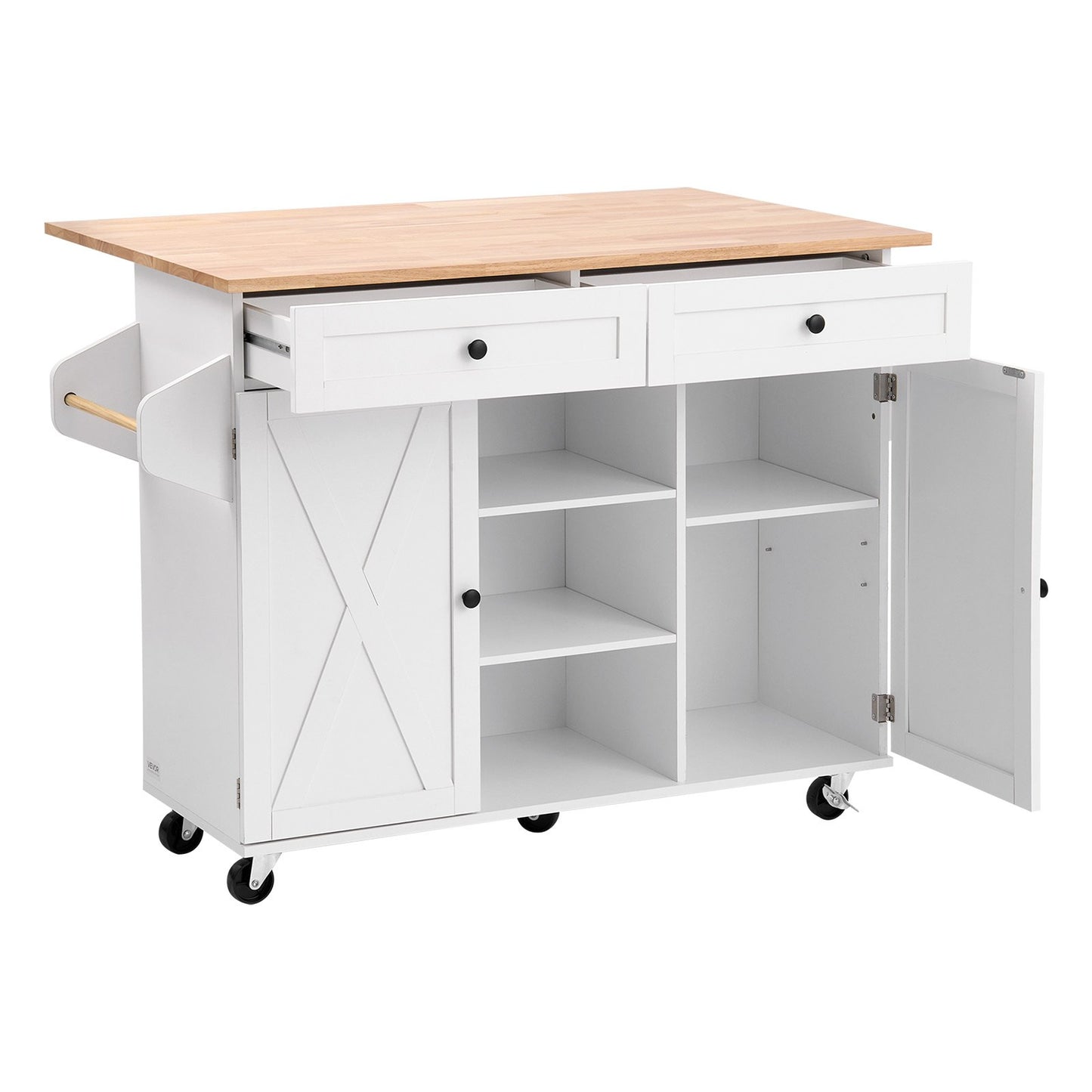 Kitchen Island Cart, with Solid Wood Top and Storage Cabinet, Mobile Rolling Table with Drop Leaf, Drawers, Spice Towel Rack, Portable Islands on Swivel Wheels for Dining Room, 132cm Width, White