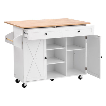 Kitchen Island Cart, with Solid Wood Top and Storage Cabinet, Mobile Rolling Table with Drop Leaf, Drawers, Spice Towel Rack, Portable Islands on Swivel Wheels for Dining Room, 132cm Width, White