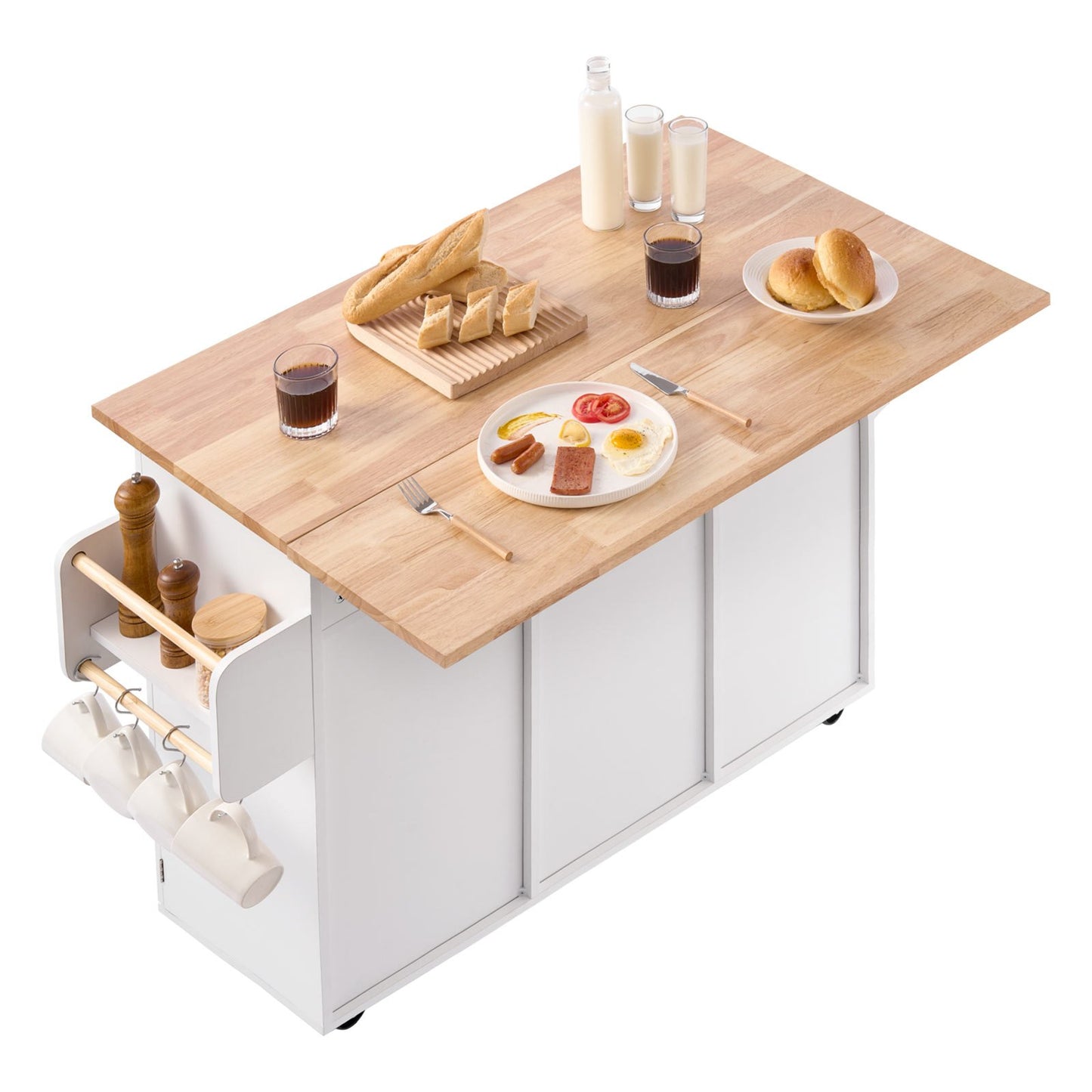 Kitchen Island Cart, with Solid Wood Top and Storage Cabinet, Mobile Rolling Table with Drop Leaf, Drawers, Spice Towel Rack, Portable Islands on Swivel Wheels for Dining Room, 132cm Width, White