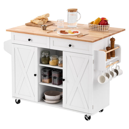Kitchen Island Cart, with Solid Wood Top and Storage Cabinet, Mobile Rolling Table with Drop Leaf, Drawers, Spice Towel Rack, Portable Islands on Swivel Wheels for Dining Room, 132cm Width, White