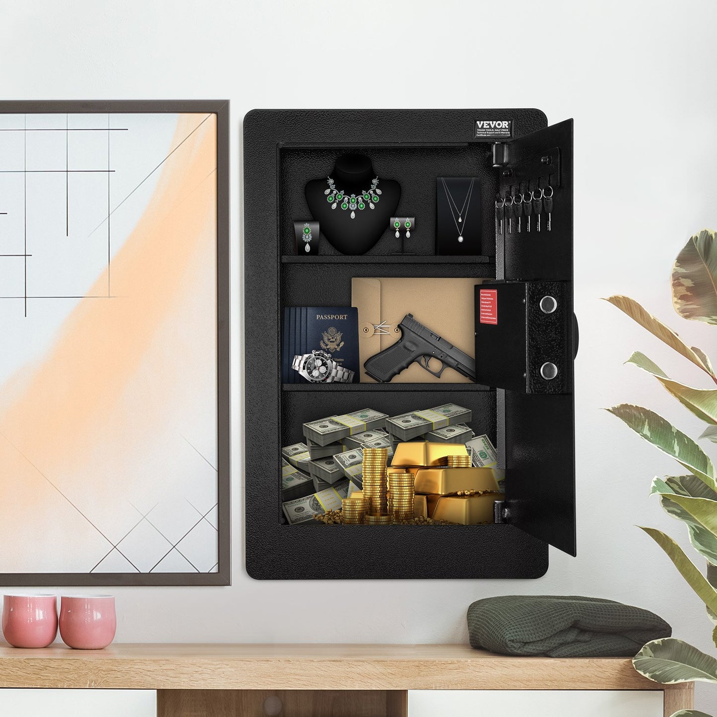 65 cm högt väggskåp, dolt kassaskåp i 3 nivåer, med hyllor med knappsats och nyckelhållare