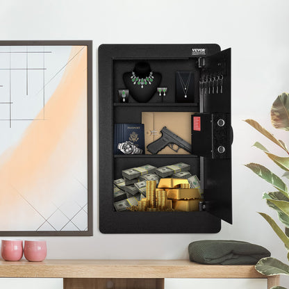 65 cm högt väggskåp, dolt kassaskåp i 3 nivåer, med hyllor med knappsats och nyckelhållare