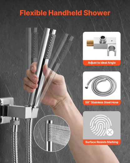 Shower Faucet Set, Rainfall Bathroom Shower System with 10-Inch (25.4cm) Square Rain Shower Head and Handheld Spray, Wall Mounted Bath Fixtures with Brass Valve and Trim Kit, Silver Chrome