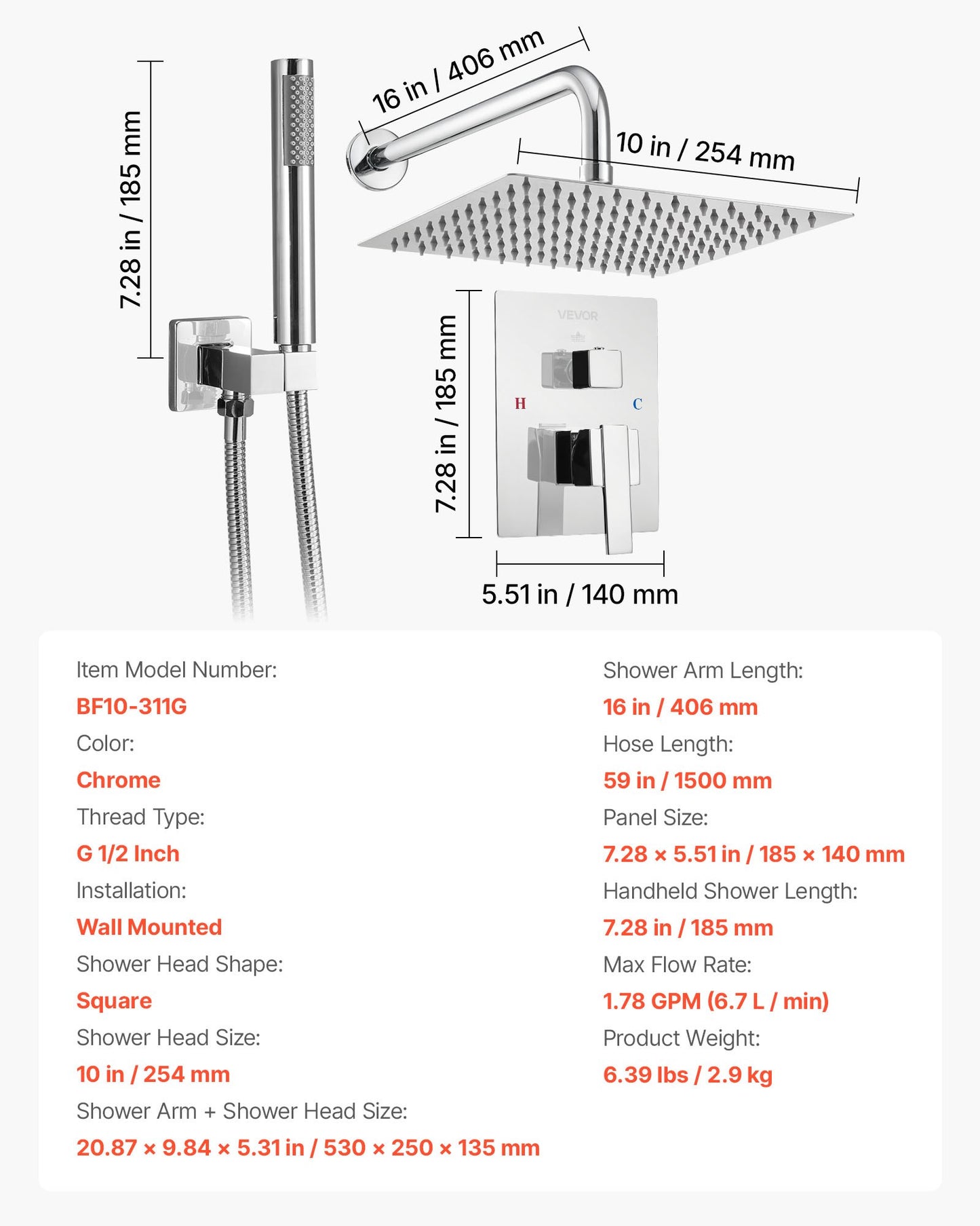 Shower Faucet Set, Rainfall Bathroom Shower System with 10-Inch (25.4cm) Square Rain Shower Head and Handheld Spray, Wall Mounted Bath Fixtures with Brass Valve and Trim Kit, Silver Chrome
