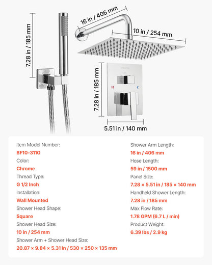 Shower Faucet Set, Rainfall Bathroom Shower System with 10-Inch (25.4cm) Square Rain Shower Head and Handheld Spray, Wall Mounted Bath Fixtures with Brass Valve and Trim Kit, Silver Chrome