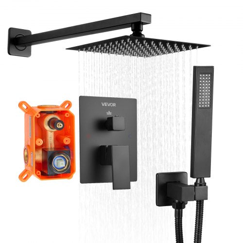 Shower Faucet Set, Rainfall Bathroom Shower System with 8-Inch (20.3cm) Square Rain Shower Head and Handheld Spray, Wall Mounted Bath Fixtures with Brass Valve and Trim Kit, Matte Black