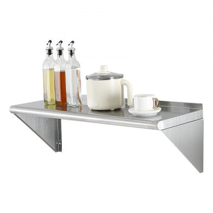 30.5 x 91.4 cm Stainless Steel Shelf, Wall Mounted Floating Shelving with Brackets, 113.4 kg Load Capacity Commercial Shelves, Heavy Duty Storage Rack for Restaurant, Kitchen, Bar, Home, and Hotel