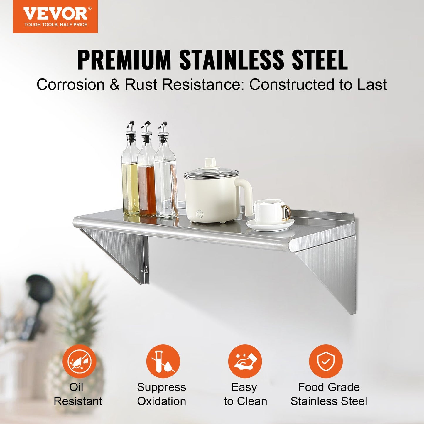 30.5 x 91.4 cm Stainless Steel Shelf, Wall Mounted Floating Shelving with Brackets, 113.4 kg Load Capacity Commercial Shelves, Heavy Duty Storage Rack for Restaurant, Kitchen, Bar, Home, and Hotel