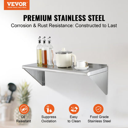 30.5 x 91.4 cm Stainless Steel Shelf, Wall Mounted Floating Shelving with Brackets, 113.4 kg Load Capacity Commercial Shelves, Heavy Duty Storage Rack for Restaurant, Kitchen, Bar, Home, and Hotel
