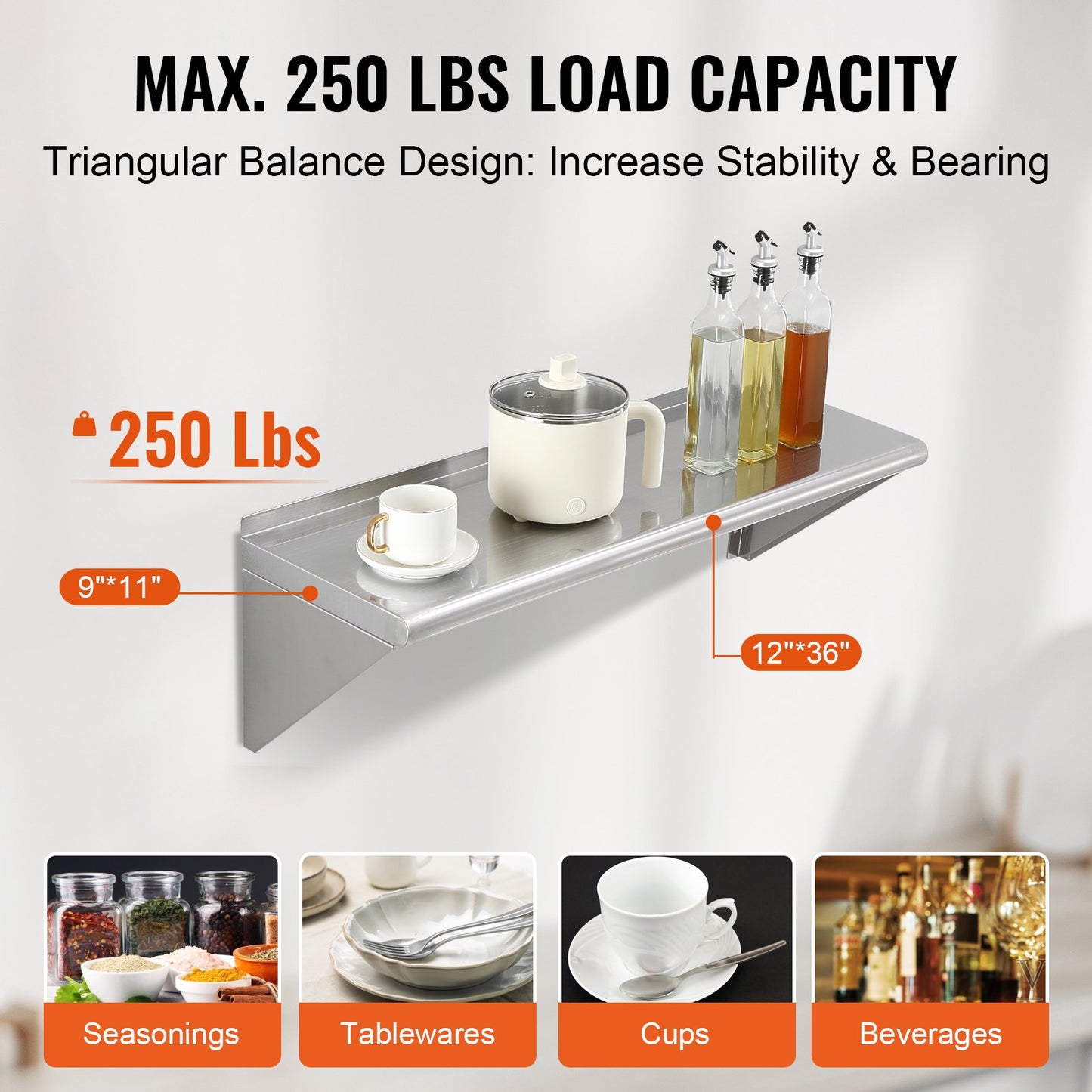 30.5 x 91.4 cm Stainless Steel Shelf, Wall Mounted Floating Shelving with Brackets, 113.4 kg Load Capacity Commercial Shelves, Heavy Duty Storage Rack for Restaurant, Kitchen, Bar, Home, and Hotel