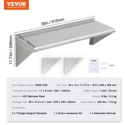 30.5 x 91.4 cm Stainless Steel Shelf, Wall Mounted Floating Shelving with Brackets, 113.4 kg Load Capacity Commercial Shelves, Heavy Duty Storage Rack for Restaurant, Kitchen, Bar, Home, and Hotel