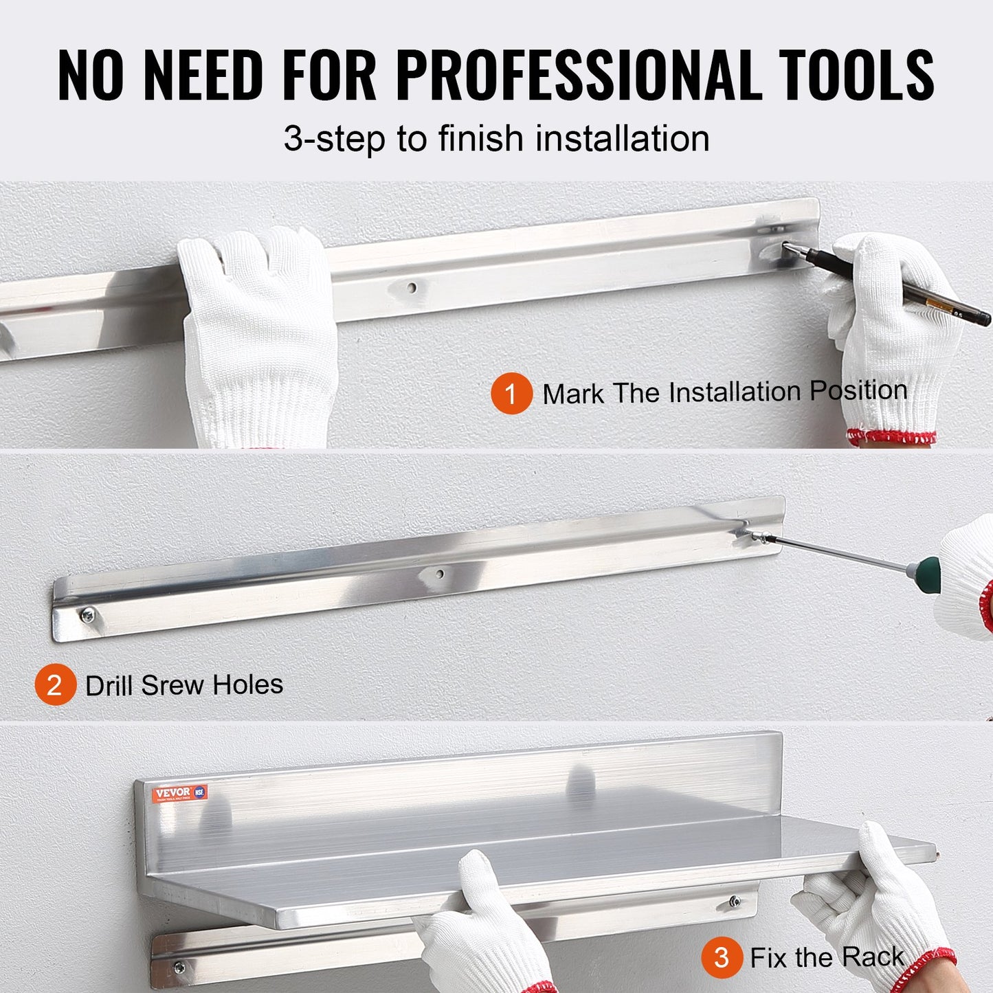 21.8 x 40.6 cm Stainless Steel Shelf, Wall Mounted Floating Shelving with Backsplash, 20 kg Load Capacity Commercial Shelves, Heavy Duty Storage Rack for Restaurant, Kitchen, Bar, Home, and Hotel