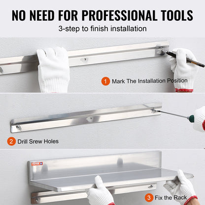 21.8 x 40.6 cm Stainless Steel Shelf, Wall Mounted Floating Shelving with Backsplash, 20 kg Load Capacity Commercial Shelves, Heavy Duty Storage Rack for Restaurant, Kitchen, Bar, Home, and Hotel