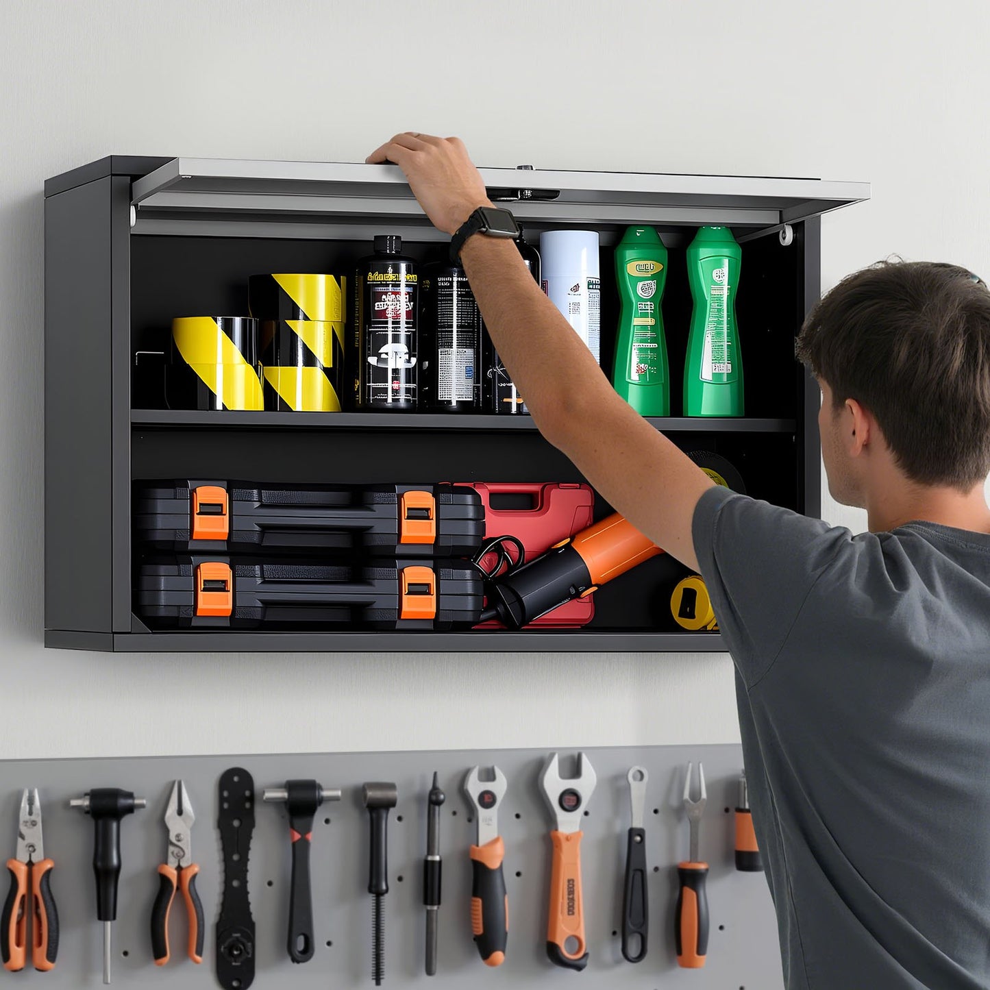 Metal Wall Cabinet, 77W x 30.5D x 50H cm, Floating Garage Tool Cabinet with Up-Flip Door and Shelf, 108.9 kg Load Capacity, Fit for Garage, Basement, Kitchen, Warehouse Assembly Required