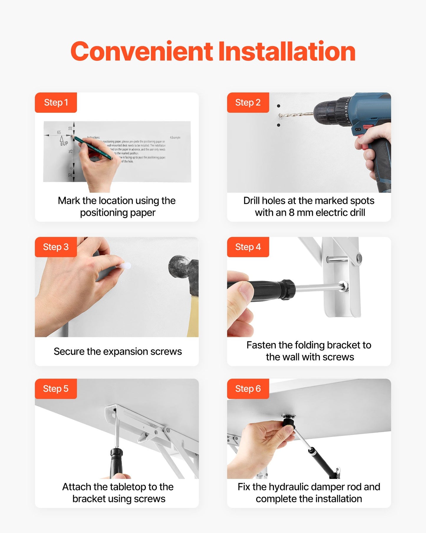 Wall Mounted Folding Table, 31.5 x 15.7 inches Wall Mount Table, Floating Desk with Iron Bracket, Fold Down Desk for Small Spaces, Home Office, Dining, Laundry Room, Kitchen, Bar, White