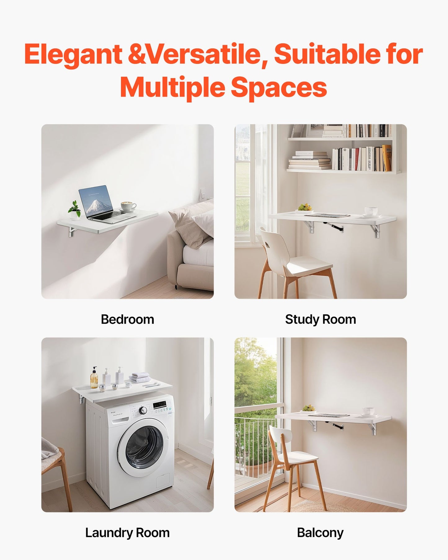 Wall Mounted Folding Table, 31.5 x 15.7 inches Wall Mount Table, Floating Desk with Iron Bracket, Fold Down Desk for Small Spaces, Home Office, Dining, Laundry Room, Kitchen, Bar, White