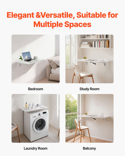 Wall Mounted Folding Table, 31.5 x 15.7 inches Wall Mount Table, Floating Desk with Iron Bracket, Fold Down Desk for Small Spaces, Home Office, Dining, Laundry Room, Kitchen, Bar, White