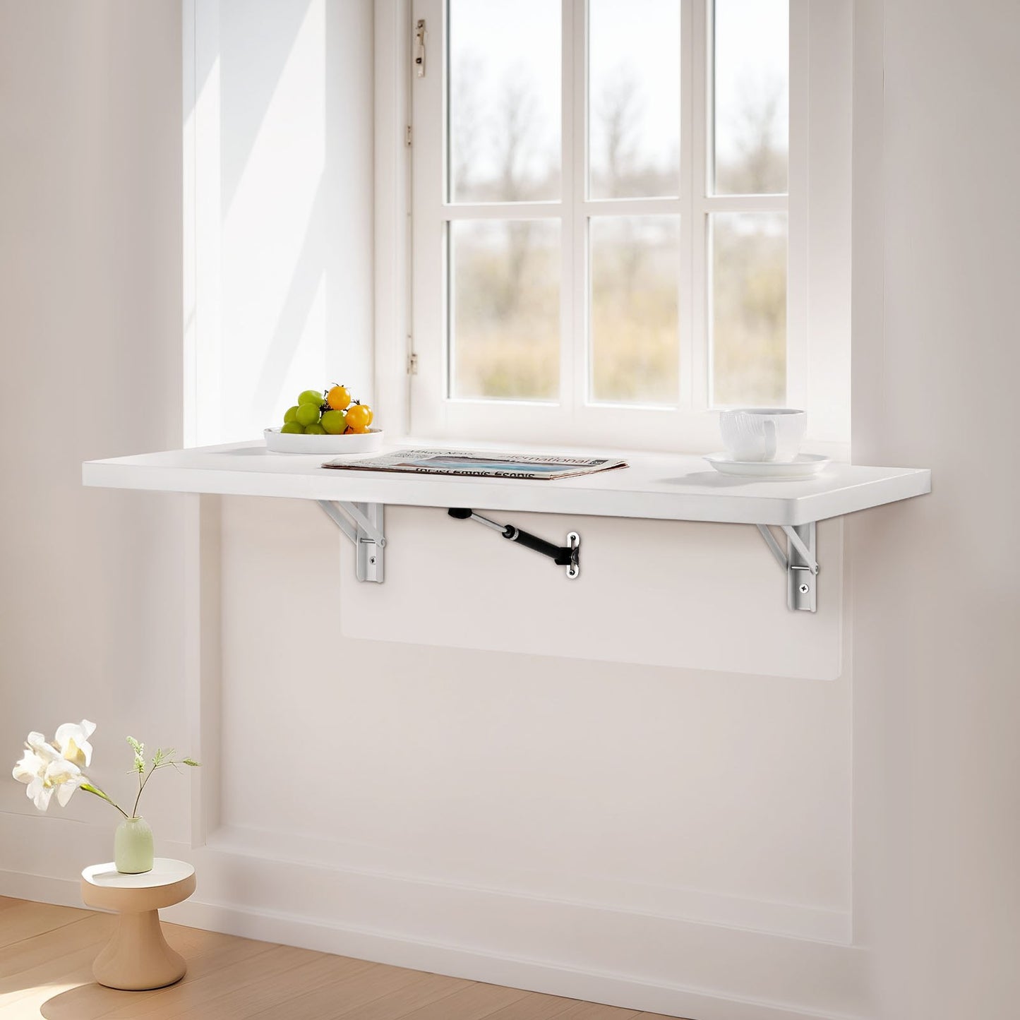 Wall Mounted Folding Table, 31.5 x 15.7 inches Wall Mount Table, Floating Desk with Iron Bracket, Fold Down Desk for Small Spaces, Home Office, Dining, Laundry Room, Kitchen, Bar, White