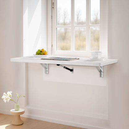 Wall Mounted Folding Table, 31.5 x 15.7 inches Wall Mount Table, Floating Desk with Iron Bracket, Fold Down Desk for Small Spaces, Home Office, Dining, Laundry Room, Kitchen, Bar, White
