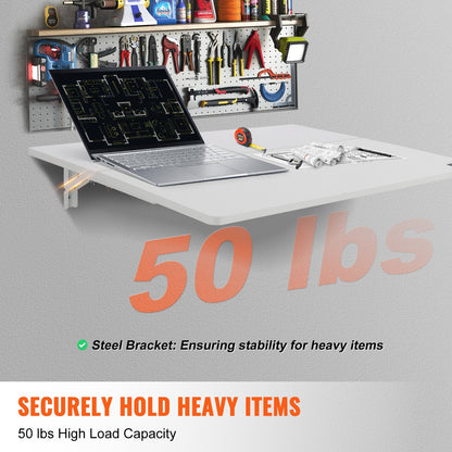 Wall Mounted Folding Table, 31.5" x 19.69" Wall Mount Drop Leaf Table, Floating Desk with Iron Bracket, Fold Down Desk for Small Spaces, Home Office, Dining, Laundry Room, Kitchen, Bar, White
