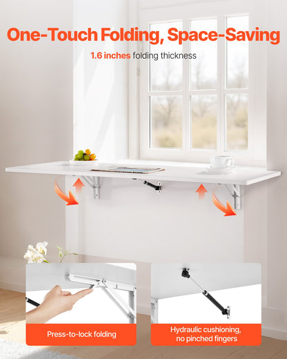 Wall Mounted Folding Table, 43.3 x 18 inches Wall Mount Table, Floating Desk with Iron Bracket, Fold Down Desk for Small Spaces, Home Office, Dining, Laundry Room, Kitchen, Bar, White