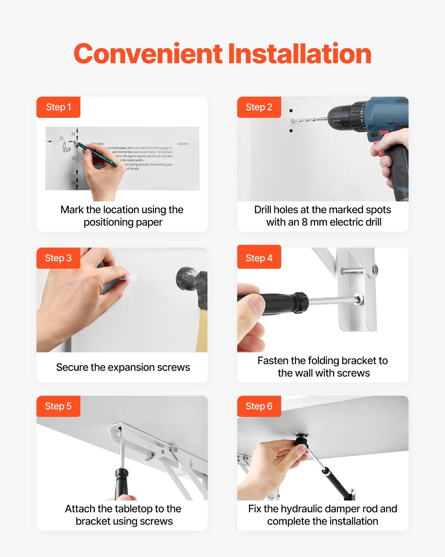 Wall Mounted Folding Table, 43.3 x 18 inches Wall Mount Table, Floating Desk with Iron Bracket, Fold Down Desk for Small Spaces, Home Office, Dining, Laundry Room, Kitchen, Bar, White