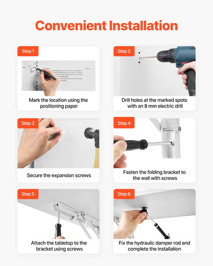 Wall Mounted Folding Table, 43.3 x 18 inches Wall Mount Table, Floating Desk with Iron Bracket, Fold Down Desk for Small Spaces, Home Office, Dining, Laundry Room, Kitchen, Bar, White
