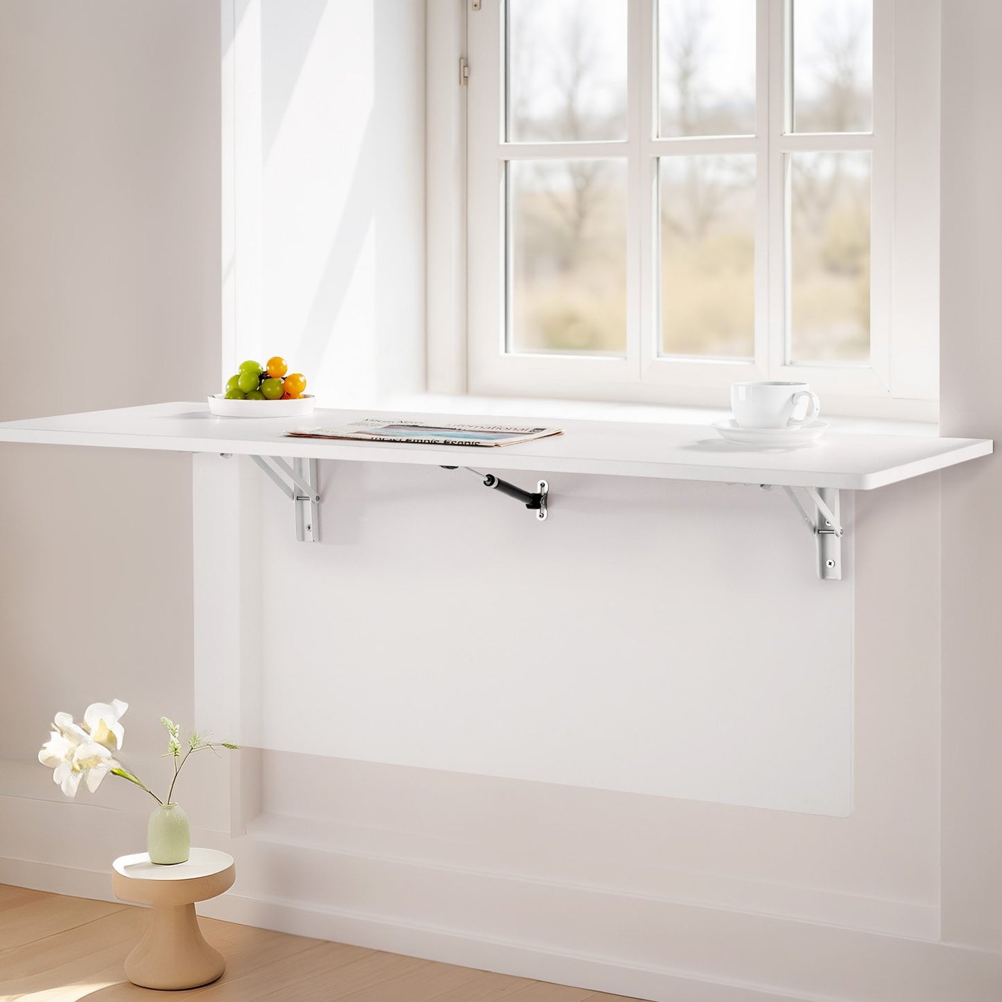 Wall Mounted Folding Table, 43.3 x 18 inches Wall Mount Table, Floating Desk with Iron Bracket, Fold Down Desk for Small Spaces, Home Office, Dining, Laundry Room, Kitchen, Bar, White