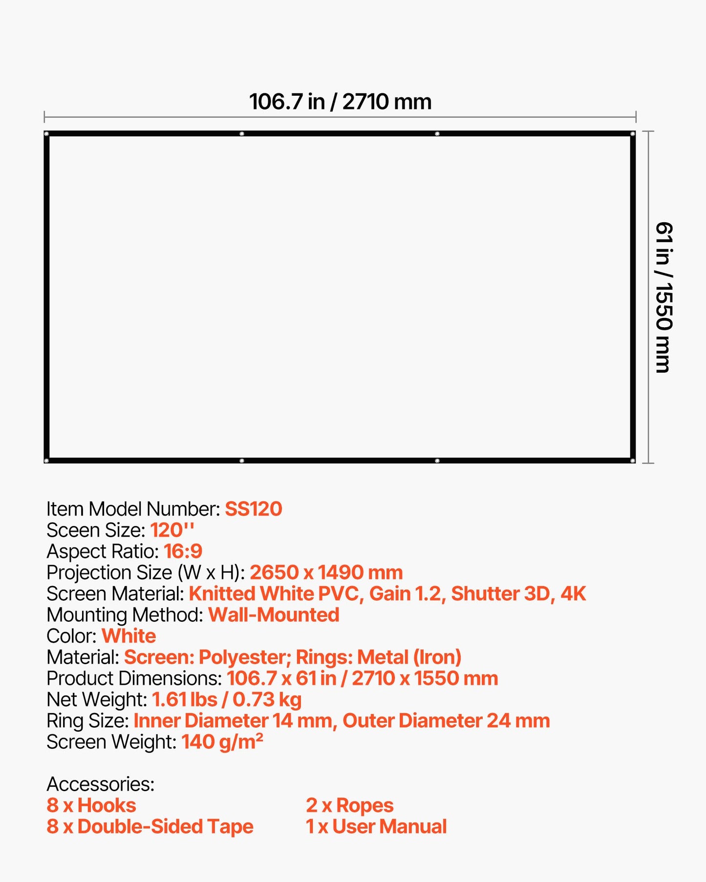 Projector Screen, 3048 mm 16:9 4K 1080 HD Projection Screen, Wall Mounted Projection Dispaly Projector with 8 Hooks and Double-Sided Tapes, Portable Moive Canvas for Family Home Office Theater