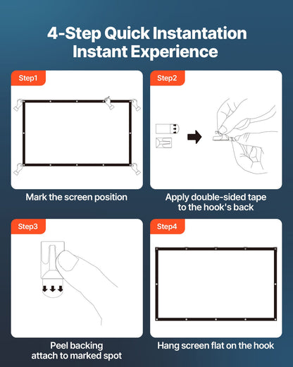 Projector Screen, 3810 mm 16:9 4K 1080 HD Projection Screen, Wall Mounted Projection Dispaly Projector with 12 Hooks and Double-Sided Tapes, Portable Moive Canvas for Family Home Office Theater