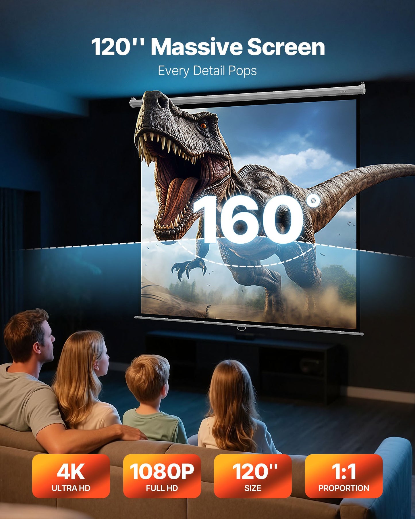 Manual Projector Screen, 3048 mm 1:1 4K 1080 HD Retractable Pull Down Projector Screen, Wall Mounted Movie Projection with Pull Rope, Portable Display Projectoin for Family Home Office Theater