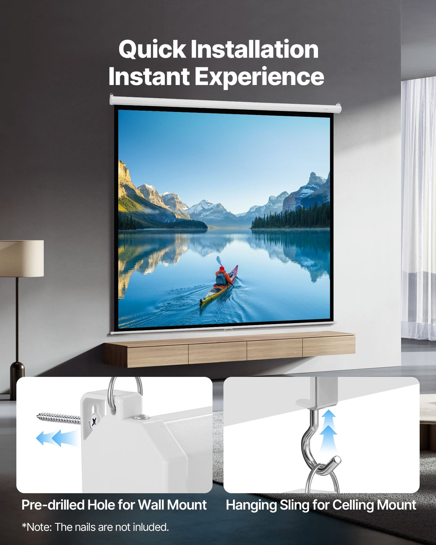 Manual Projector Screen, 3048 mm 1:1 4K 1080 HD Retractable Pull Down Projector Screen, Wall Mounted Movie Projection with Pull Rope, Portable Display Projectoin for Family Home Office Theater