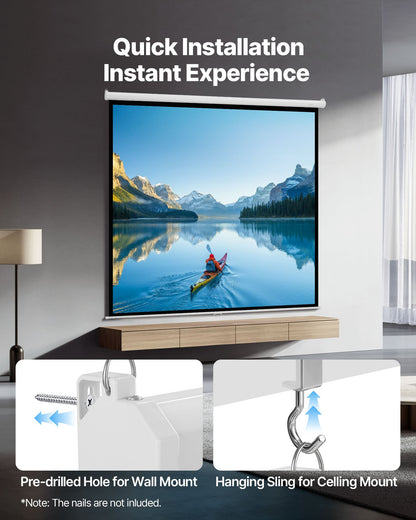 Manual Projector Screen, 3048 mm 1:1 4K 1080 HD Retractable Pull Down Projector Screen, Wall Mounted Movie Projection with Pull Rope, Portable Display Projectoin for Family Home Office Theater