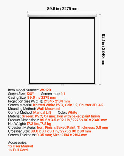 Manual Projector Screen, 3048 mm 1:1 4K 1080 HD Retractable Pull Down Projector Screen, Wall Mounted Movie Projection with Pull Rope, Portable Display Projectoin for Family Home Office Theater