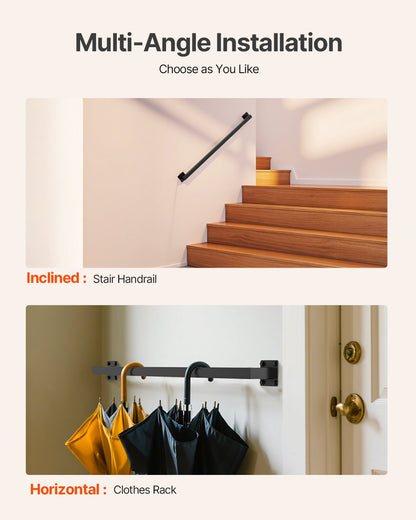 Wall Mounted Stair Handrail, 1215mm Black Iron Staircase Handrail Indoor, 113kg Load Capacity, Industrial Railing Hand Rail for Steps, Square Tube for Loft Porch Deck, 2 Sections