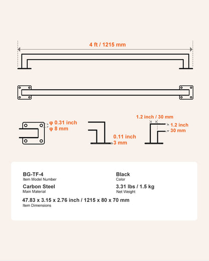 Wall Mounted Stair Handrail, 1215mm Black Iron Staircase Handrail Indoor, 113kg Load Capacity, Industrial Railing Hand Rail for Steps, Square Tube for Loft Porch Deck, 2 Sections