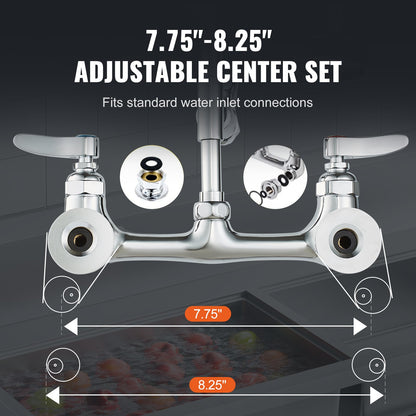 Kommersiell kran med förspolningsmunstycke, 113 cm höjd, 20 cm mittavstånd, 30 cm svängbar pip, väggmonterad köksblandare, mässingskonstruktion med neddragbar dusch, för 1/2/3-facks diskho