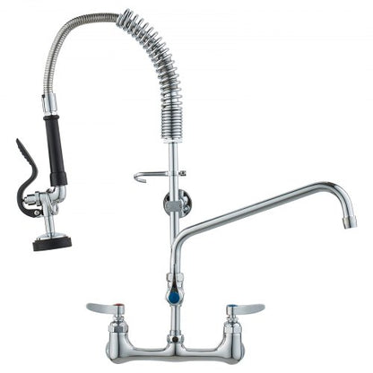 Commercial Faucet with Pre-Rinse Sprayer, 25" (63.5 cm) Height, 8" (20.3 cm) Center, 12" (30.5 cm) Swing Spout, Wall Mount Kitchen Sink Faucet, Brass Constructed Device with Pull Down Spray, for 1/2/3 Compartment Sink