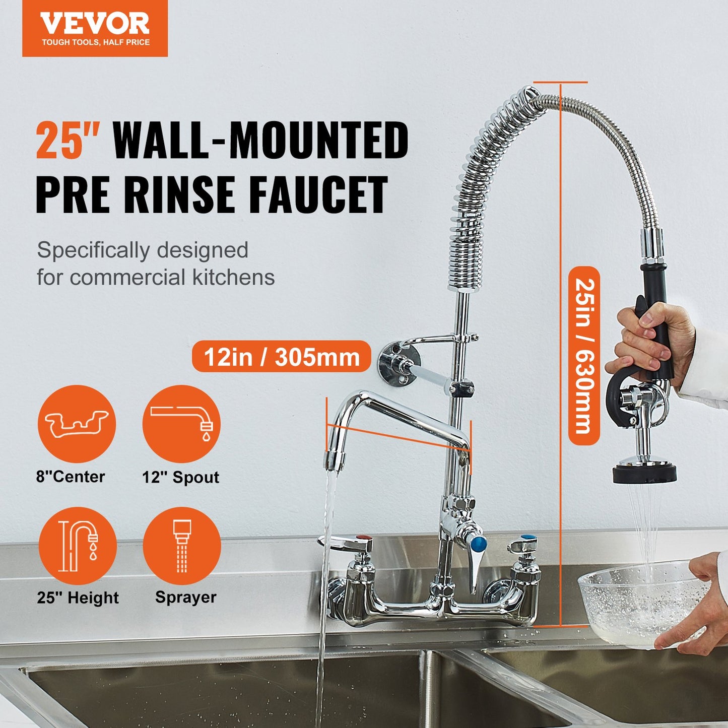 Commercial Faucet with Pre-Rinse Sprayer, 25" (63.5 cm) Height, 8" (20.3 cm) Center, 12" (30.5 cm) Swing Spout, Wall Mount Kitchen Sink Faucet, Brass Constructed Device with Pull Down Spray, for 1/2/3 Compartment Sink