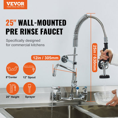 Commercial Faucet with Pre-Rinse Sprayer, 25" (63.5 cm) Height, 8" (20.3 cm) Center, 12" (30.5 cm) Swing Spout, Wall Mount Kitchen Sink Faucet, Brass Constructed Device with Pull Down Spray, for 1/2/3 Compartment Sink