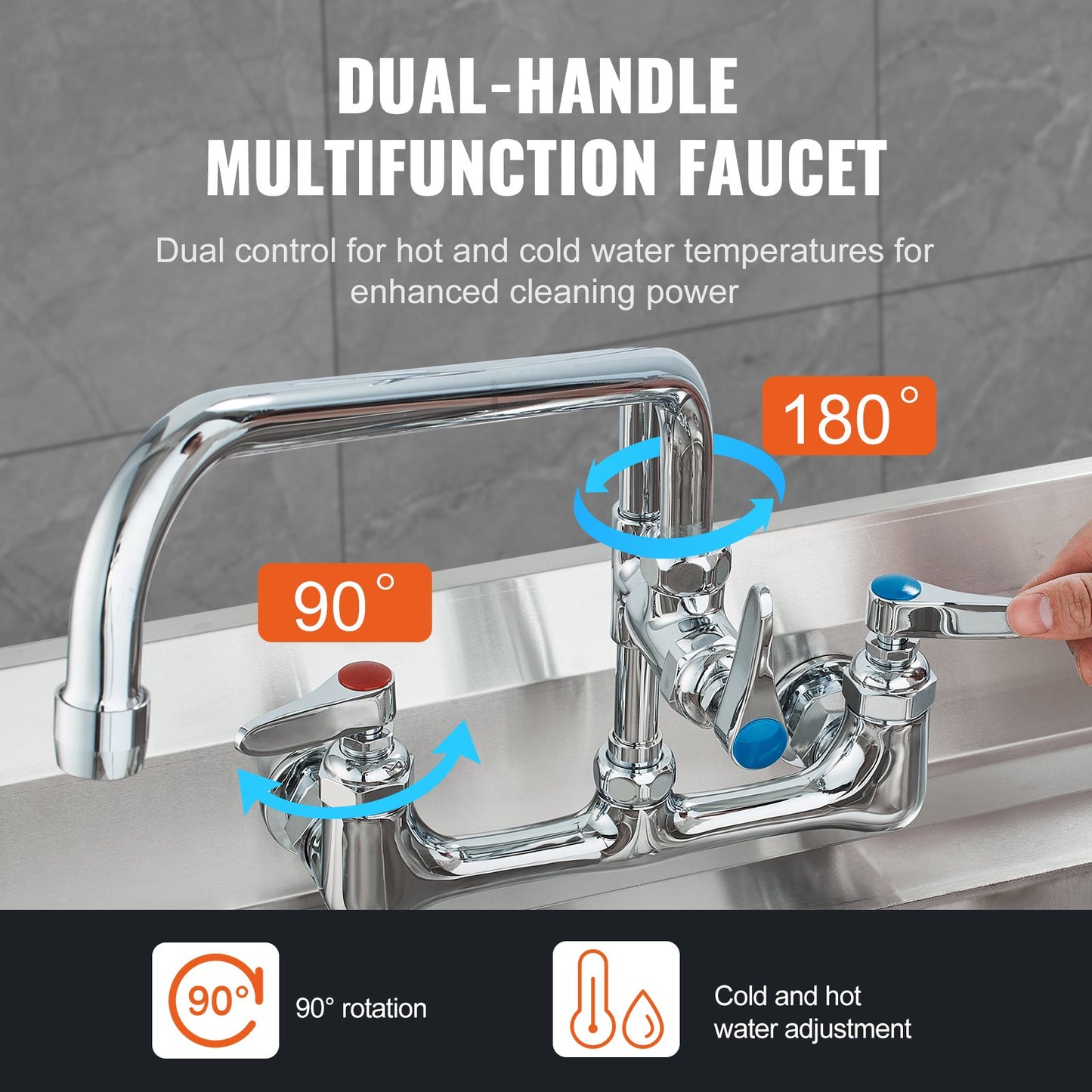 Commercial Faucet with Pre-Rinse Sprayer, 25" (63.5 cm) Height, 8" (20.3 cm) Center, 12" (30.5 cm) Swing Spout, Wall Mount Kitchen Sink Faucet, Brass Constructed Device with Pull Down Spray, for 1/2/3 Compartment Sink